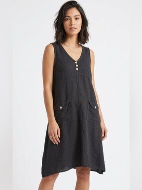 Goa Black Linen Blend Sleeveless V-Neck Midi Dress | US M Boho Vacation